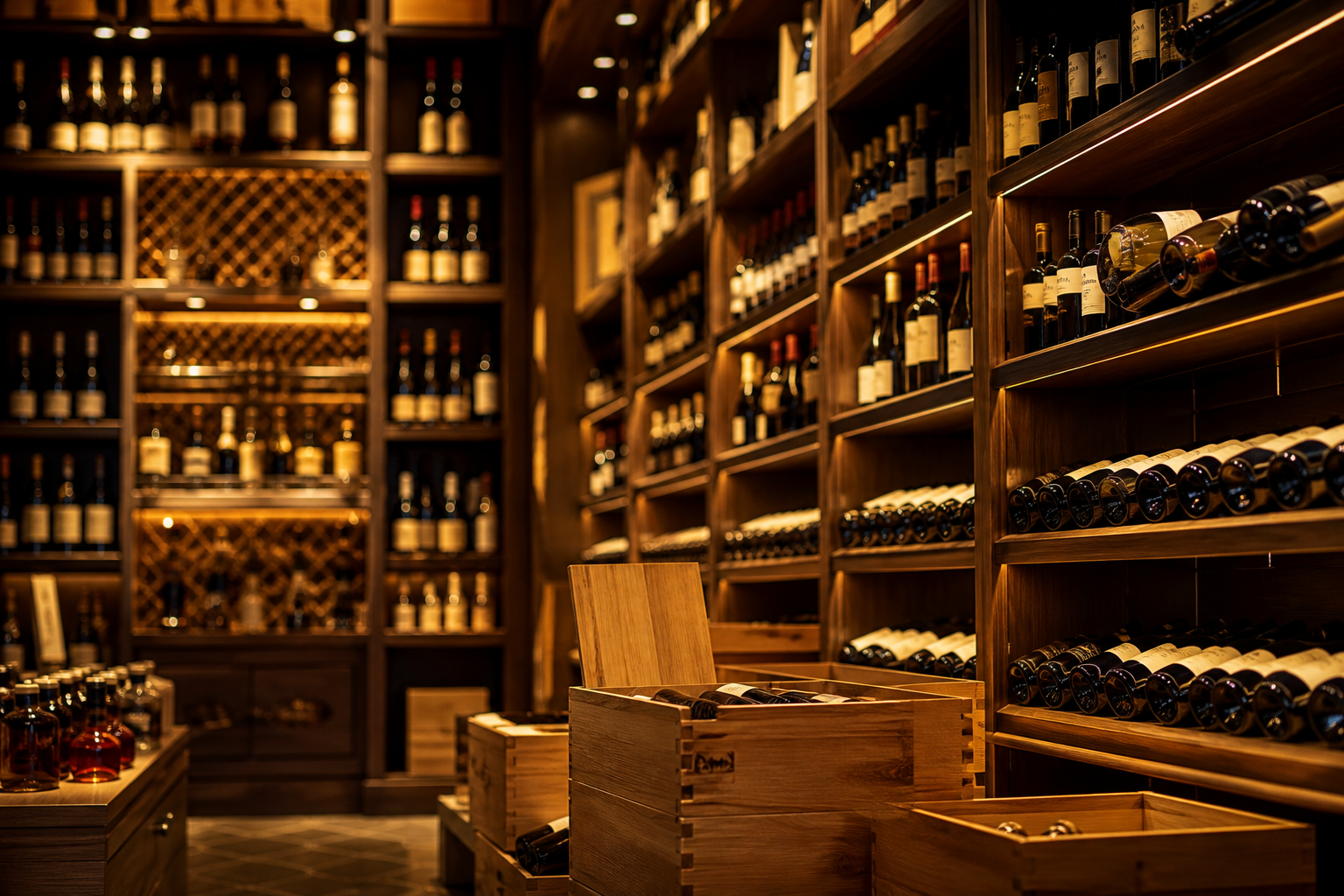Premium wine and spirit bottles on floor-to-ceiling shelves with stacked wooden cases at Long Island Wine & Spirit Merchant
