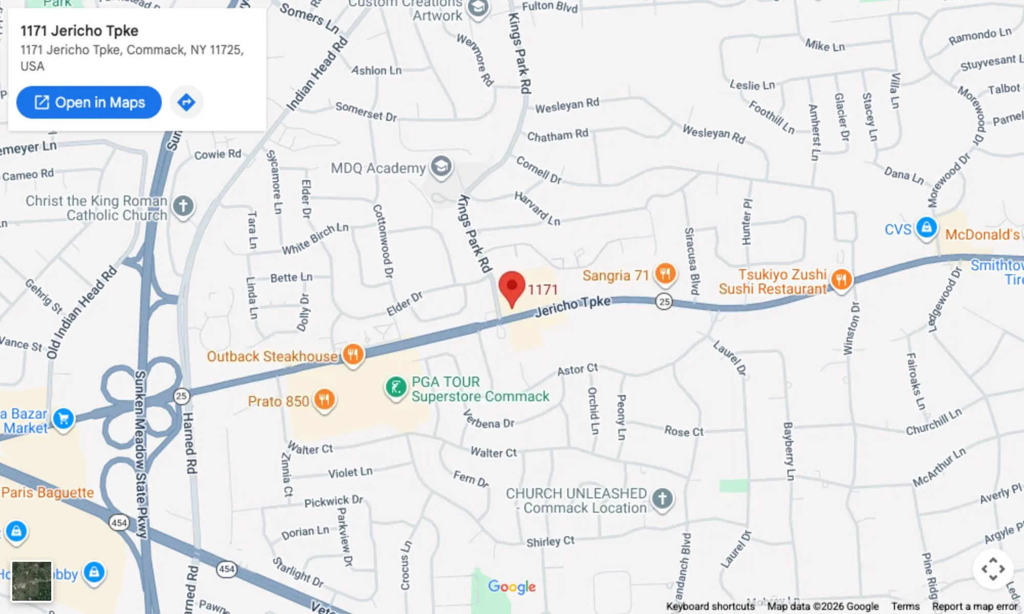 Map showing Long Island Wine & Spirit Merchant at 1171 Jericho Turnpike, Commack, NY